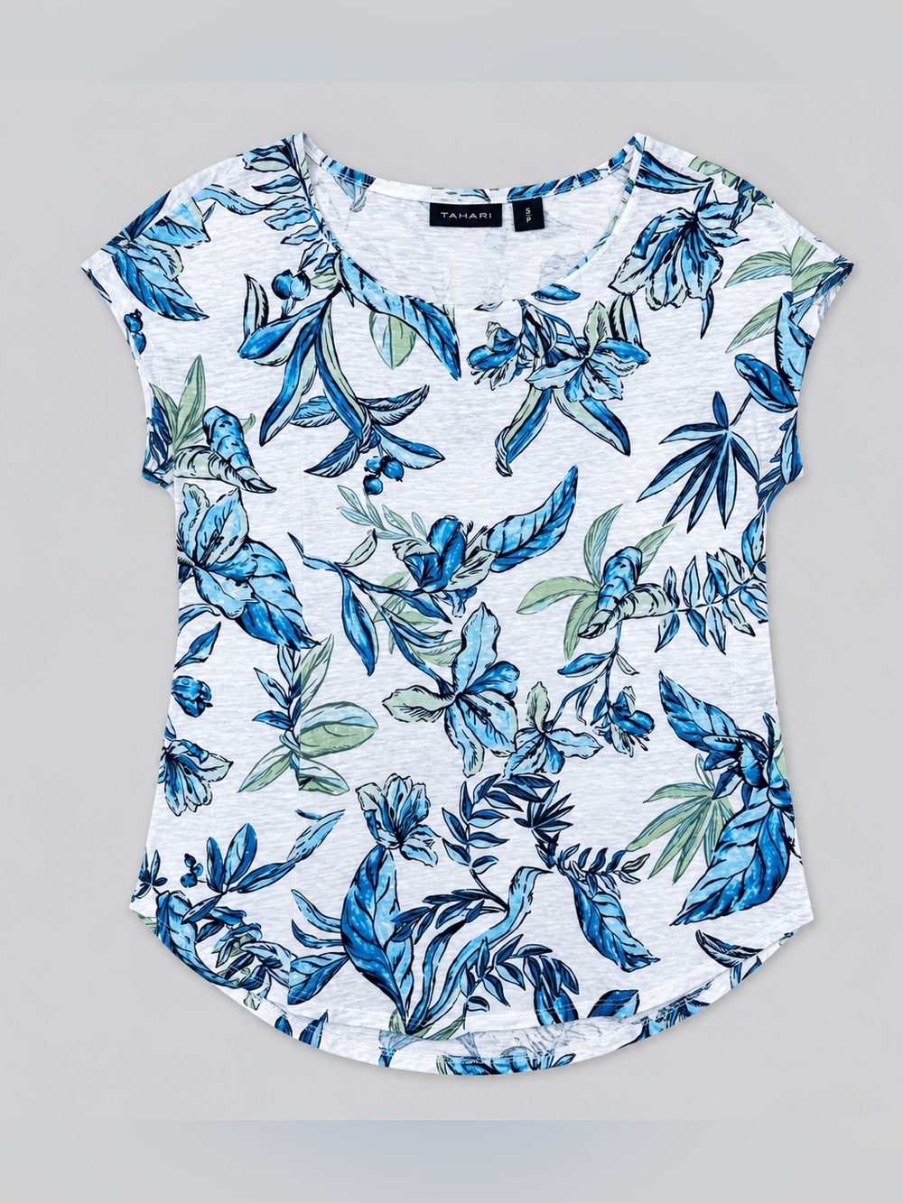 Tahari 100% Linen Blouse Top Large Euro Summer Coastal Tropical Botanical